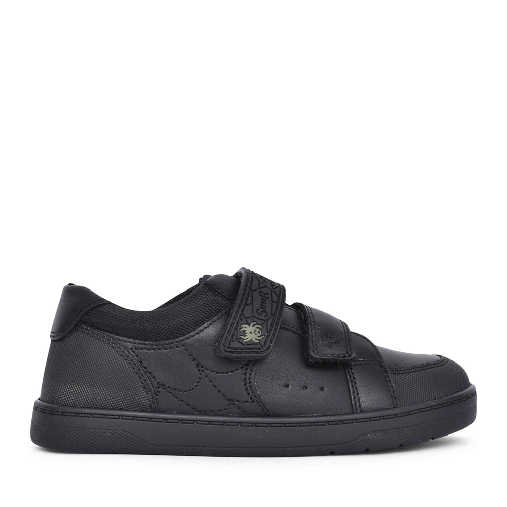 Boys Spider Web Black Leather Velcro Shoe In Kids F Fit