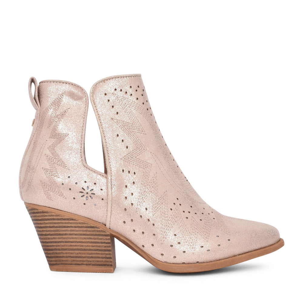 Ladies Cadillac Ranch Block Heel Ankle Boot In Beige