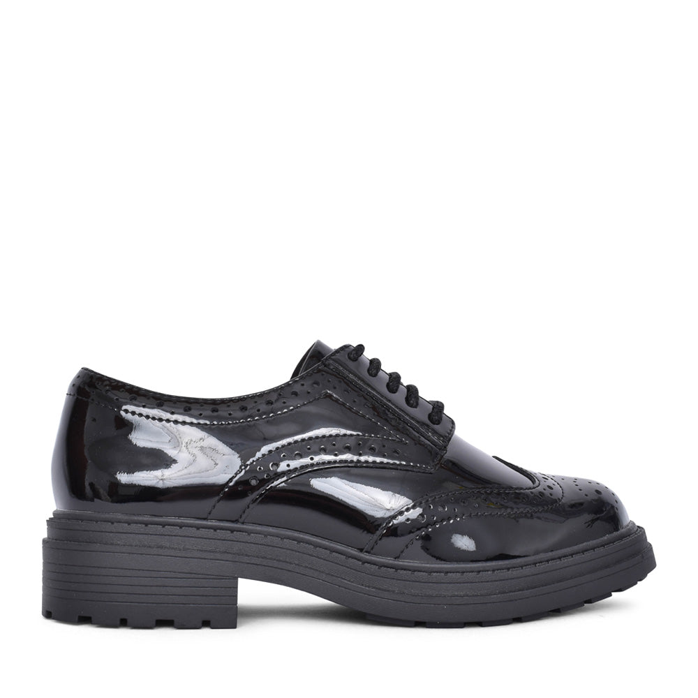 Ladies Orinoco3 Derby Patent E-fit Laced Brogue In Blk Patent