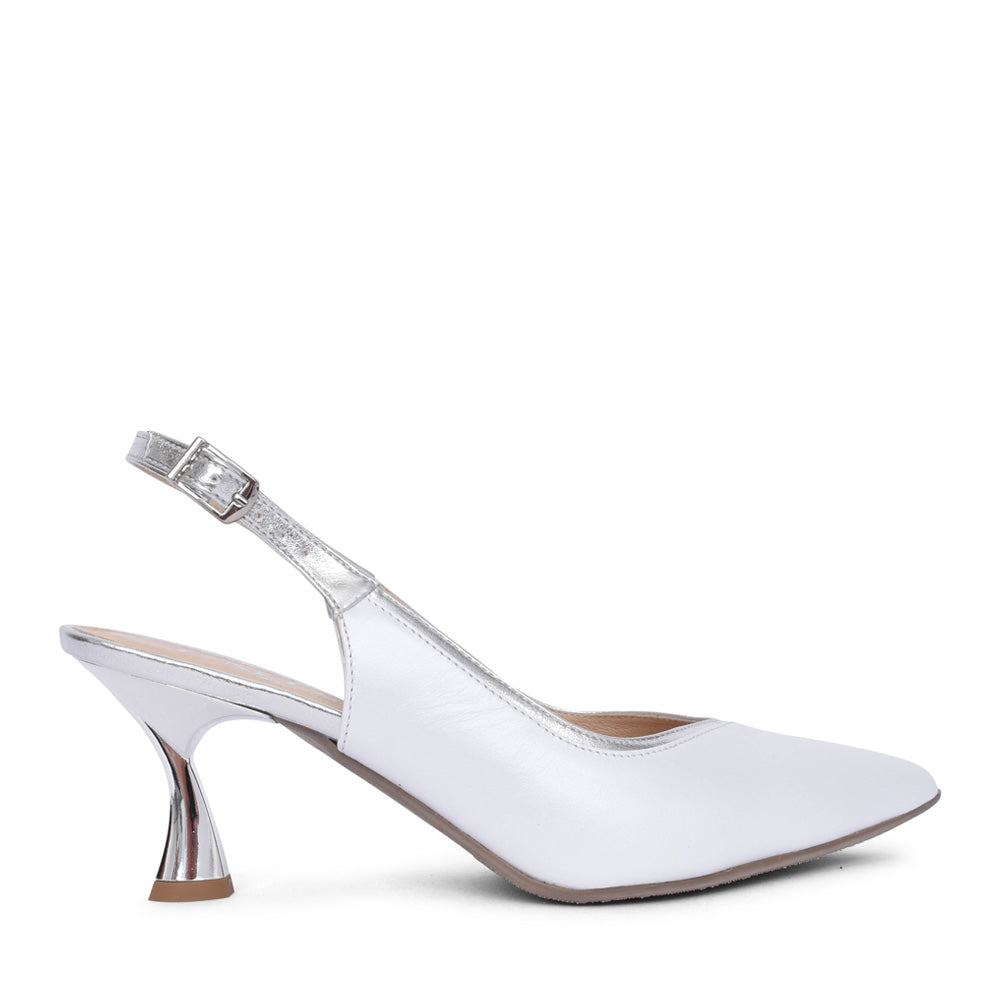 Ladies 8414 Medium Heel Sling Back Court Shoe In White