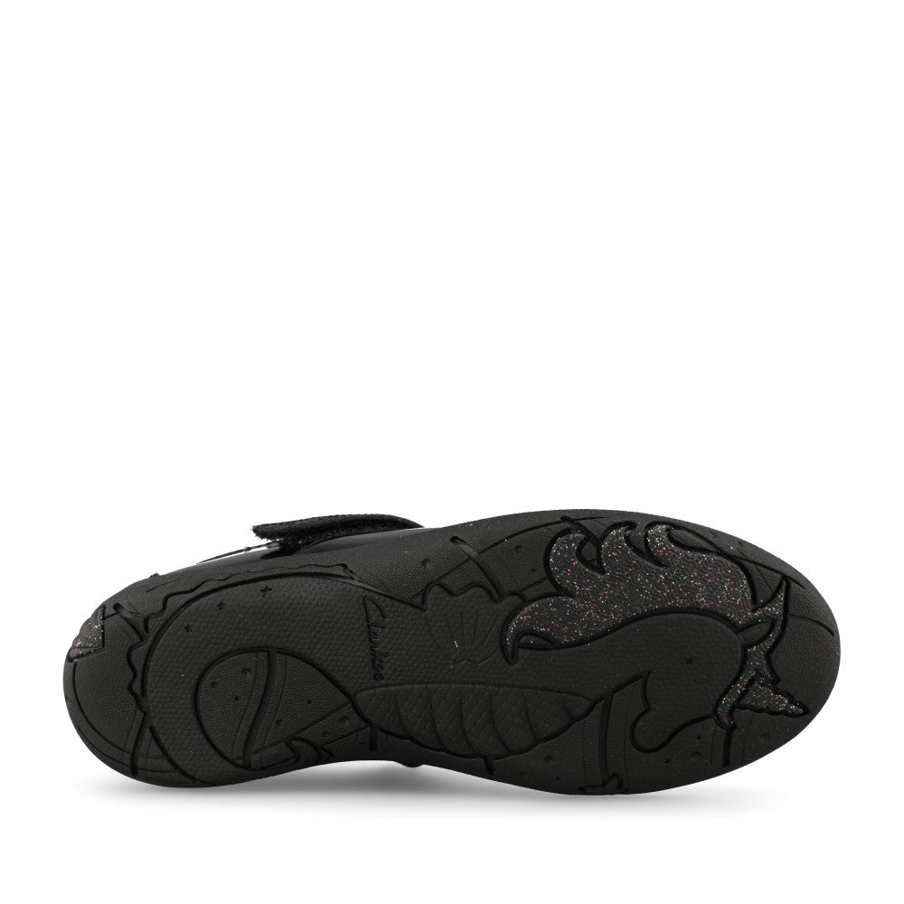 Girls Relda Gem Black Patent T-Bar Shoe In Kids E Fit