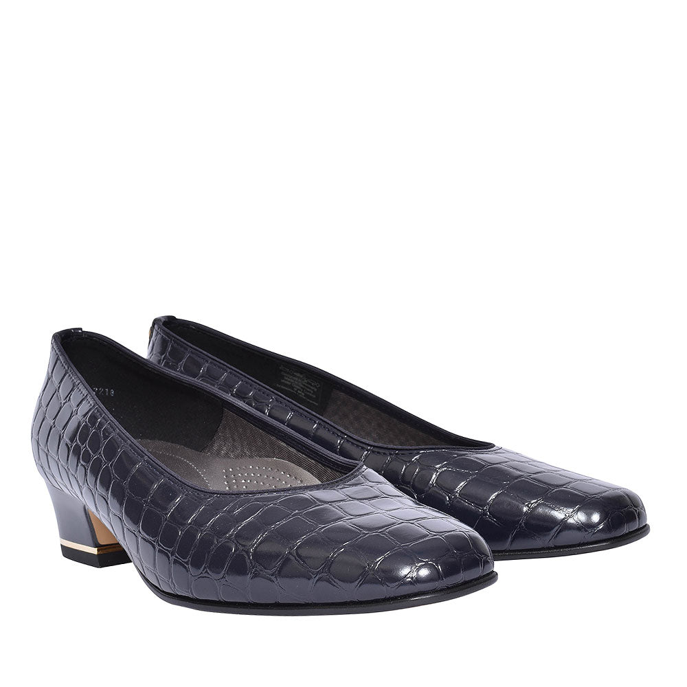 Graz Croc Print Court Shoe For Ladies In Navy