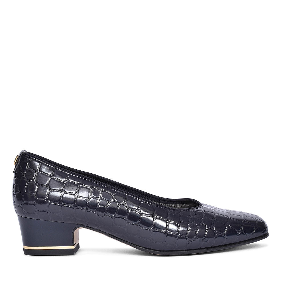 Graz Croc Print Court Shoe For Ladies In Navy