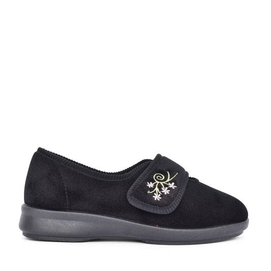 Ladies Caroline 2 2v Wide Fit Floral Velcro Slipper In Black