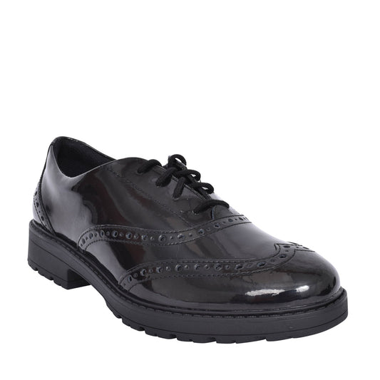 Girls Loxham Brogue Youth Black Patent Laced Brogue Shoe In Kids F Fit