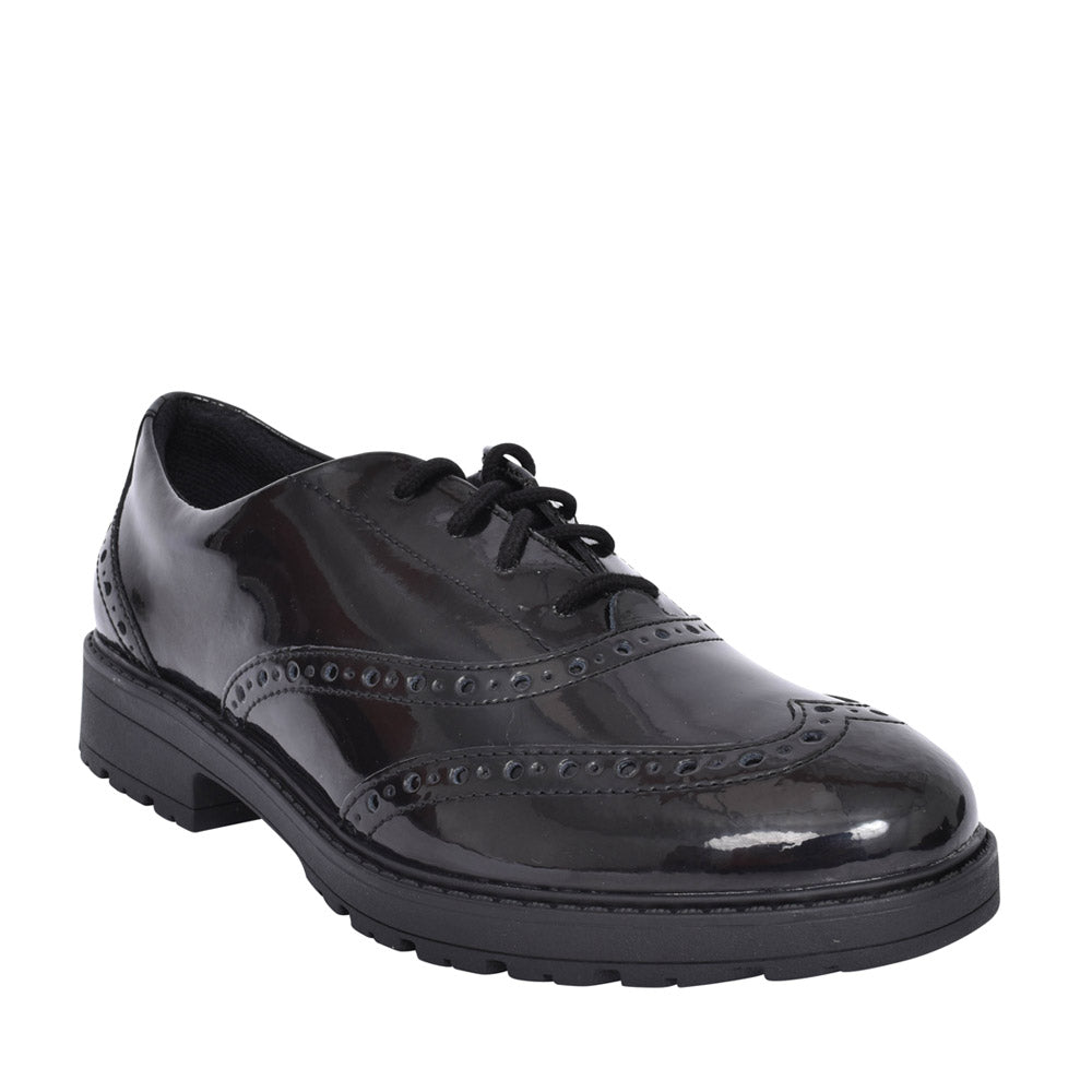 Girls Loxham Brogue Youth Black Patent Laced Brogue Shoe In Kids G Fit