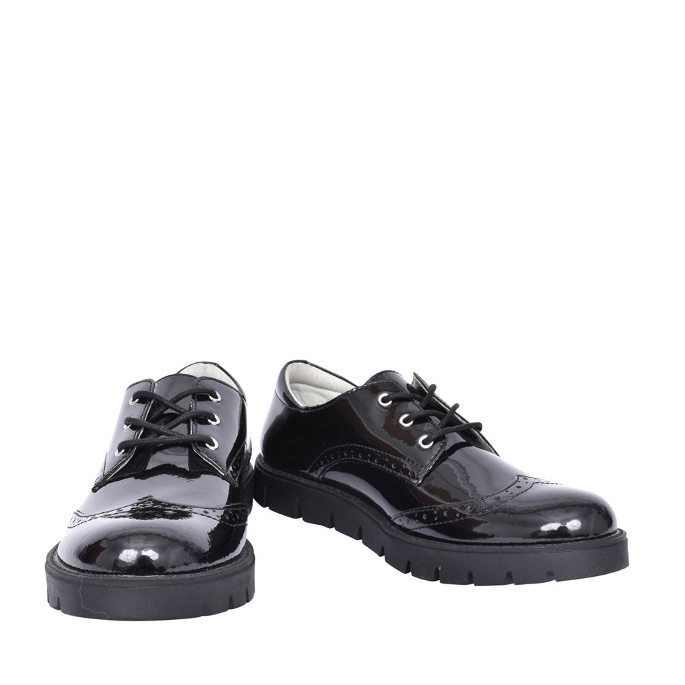 Girls Michelle Black Patent Laced Brogue Shoe In Blk Patent