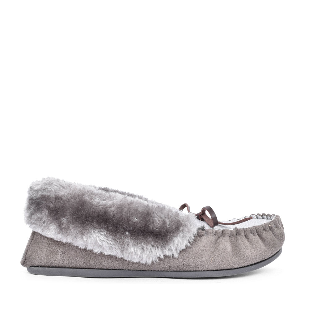 Ladies Sammy Fur Lined Moccasin Slipper In Grey
