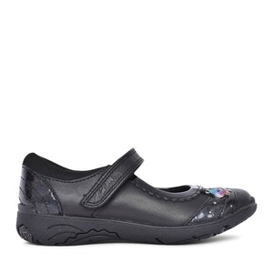 Girls Relda Spark Kids Black Leather Velcro Shoe In Kids E Fit