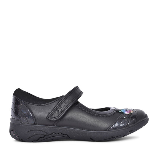 Girls Relda Spark Kids Black Leather Velcro Shoe In Kids E Fit