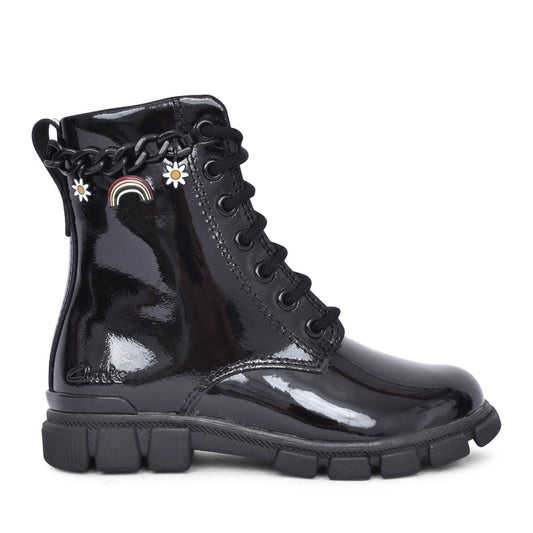 Girls Evyn Charm K Black Patent Ankle Boot In Kids F Fit