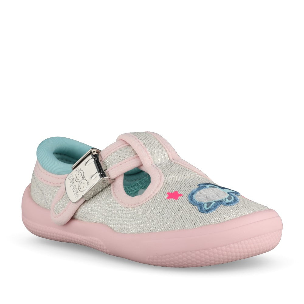 Girls Briley Way T Silver Combi Canvas T-bar Shoe In Kids F Fit