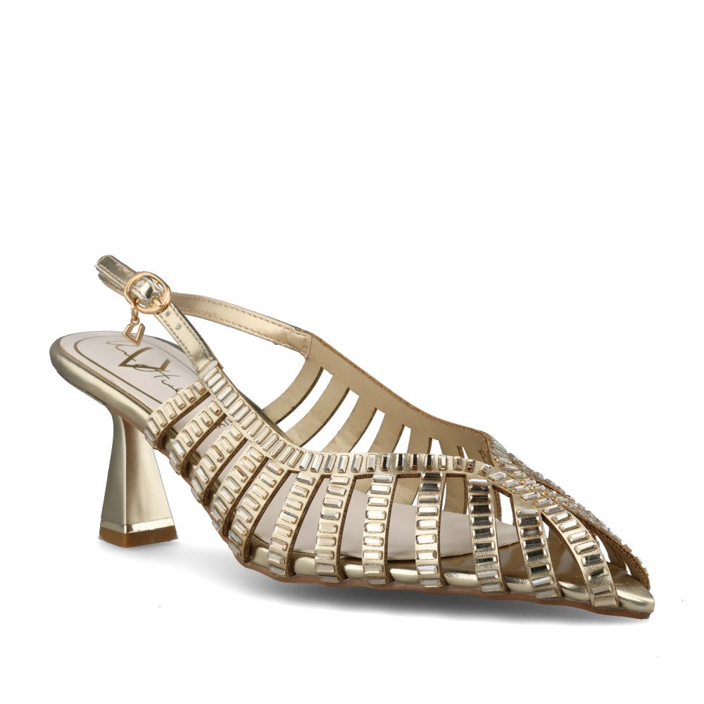 Ladies Cold Heart Medium Heel Sandal In Gold