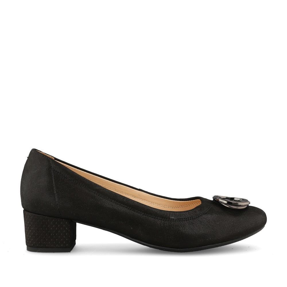 Ladies 6415 Black Shimmer H-fit Low Heel Court Shoe In Black