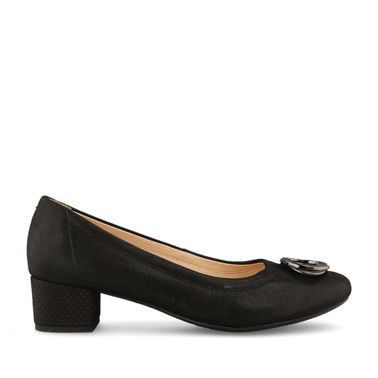 Ladies 6415 Black Shimmer H-fit Low Heel Court Shoe In Black