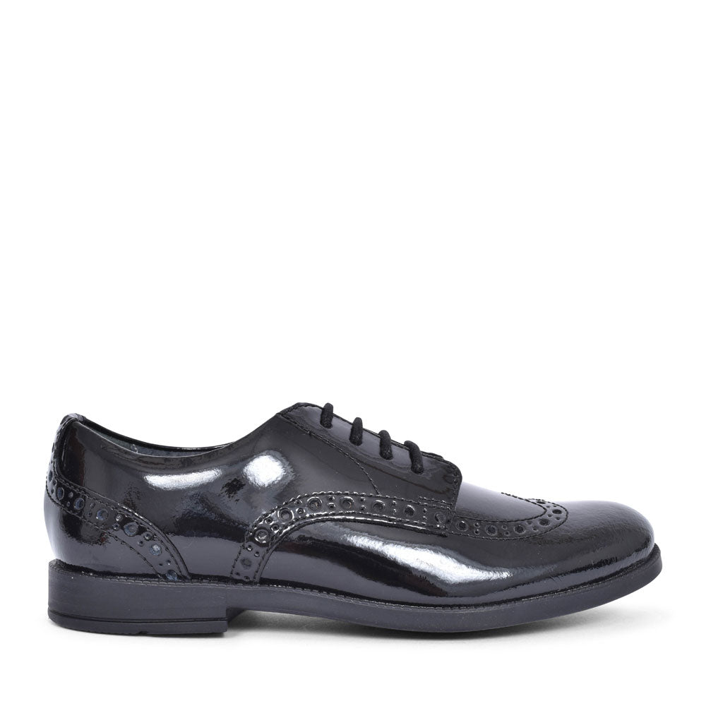 Girls Brogue Pri Black Patent Laced Shoe In Kids G Fit