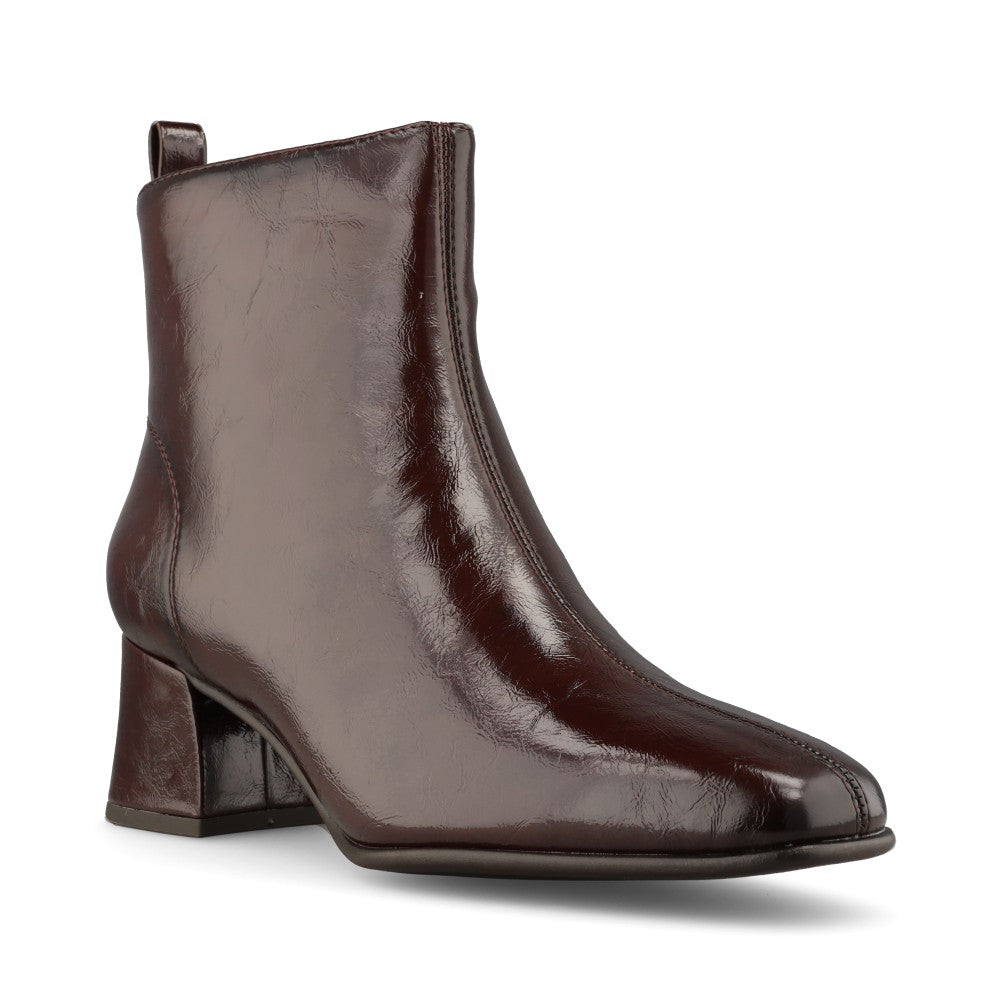 Marco Tozzi Ladies 2-25385 Block Heel Patent Ankle Boot in Dark Brown