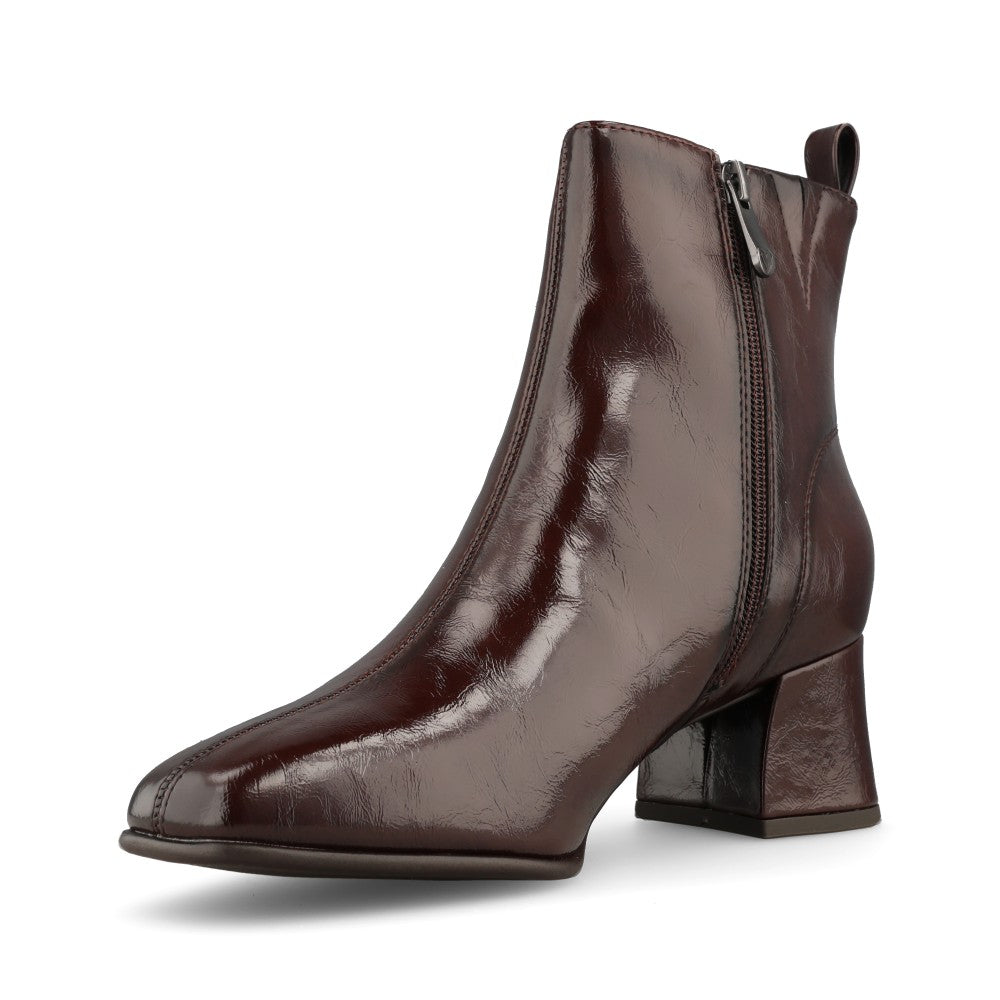 Marco Tozzi Ladies 2-25385 Block Heel Patent Ankle Boot in Dark Brown