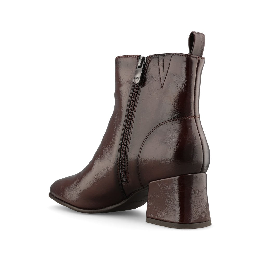 Marco Tozzi Ladies 2-25385 Block Heel Patent Ankle Boot in Dark Brown