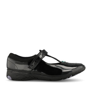 Clarks Girls Relda Magic F-FIT T-Bar Shoe in Black Patent