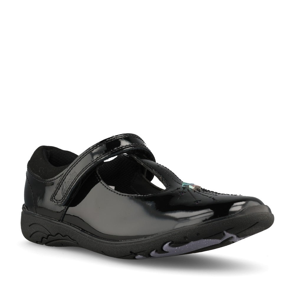 Clarks Girls Relda Magic F-FIT T-Bar Shoe in Black Patent