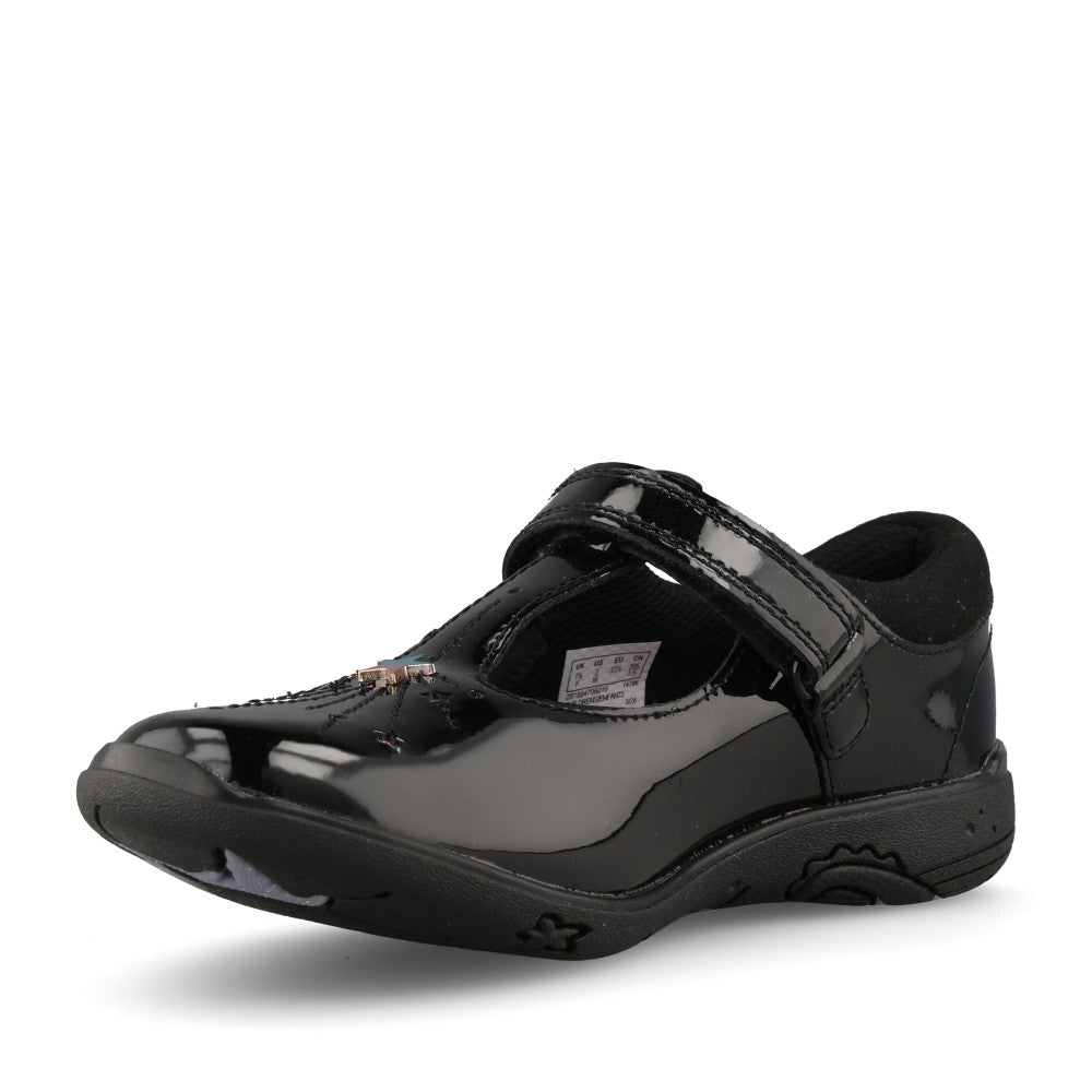 Clarks Girls Relda Magic F-FIT T-Bar Shoe in Black Patent