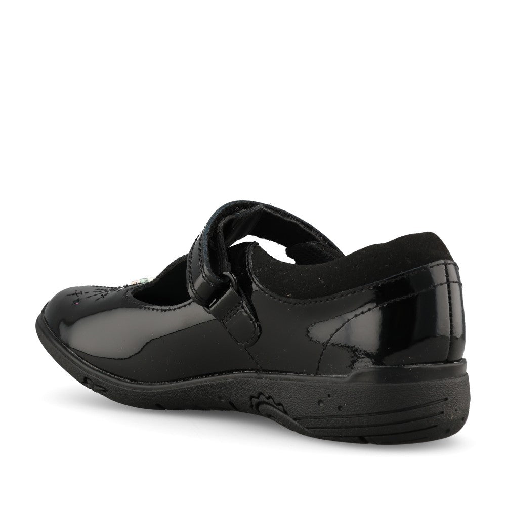 Clarks Girls Relda Magic F-FIT T-Bar Shoe in Black Patent