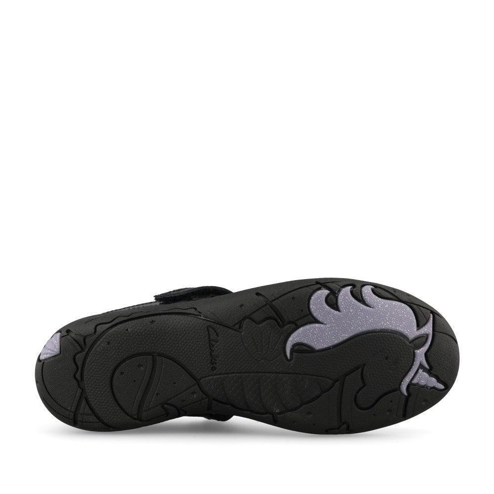 Clarks Girls Relda Magic F-FIT T-Bar Shoe in Black Patent