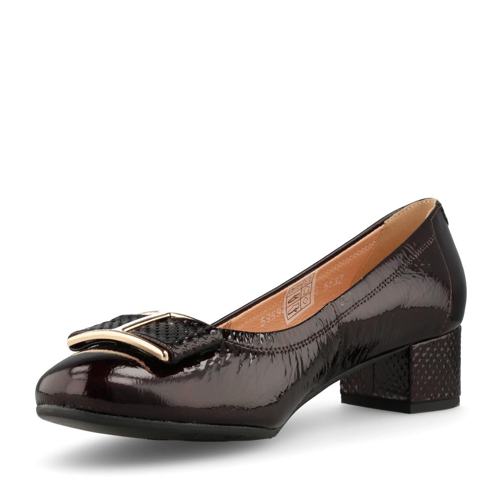 Ladies 5632 G-fit Low Heel Court Shoe In Burgandy Patent
