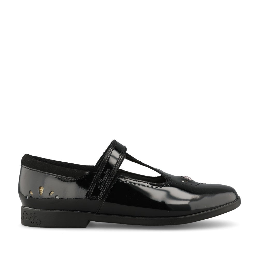 Clarks Girls Lock Wish G-FIT T-Bar Shoe in Black Patent