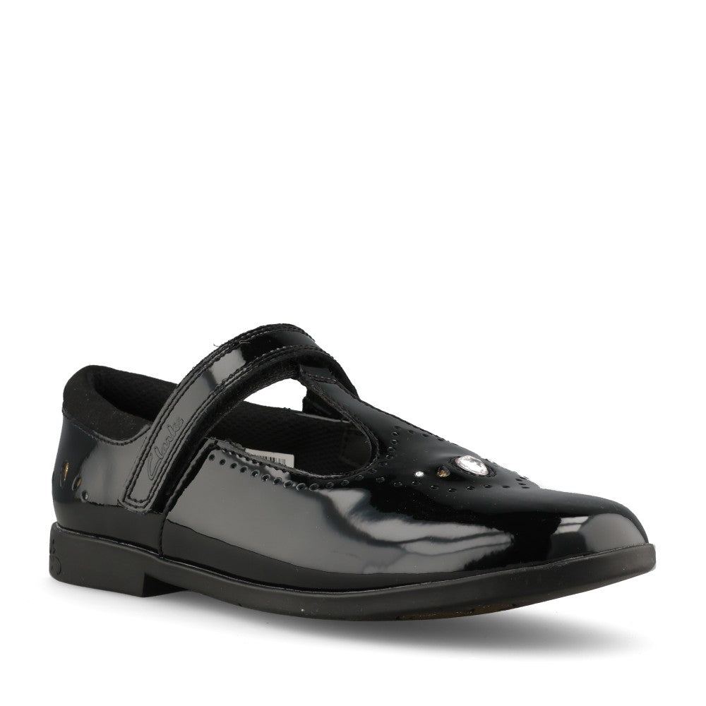 Clarks Girls Lock Wish G-FIT T-Bar Shoe in Black Patent