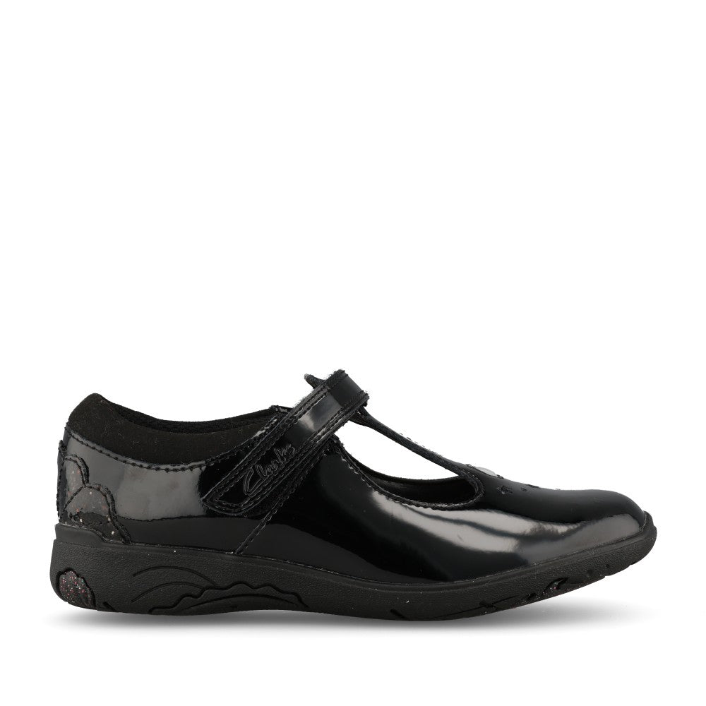 Girls Relda Gem Black Patent T-Bar Shoe In Kids E Fit