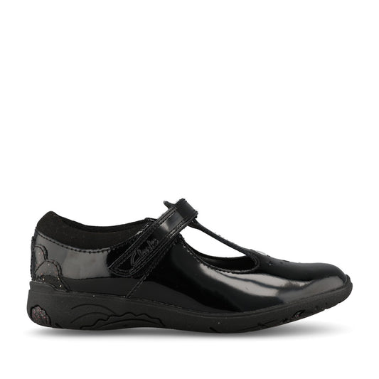 Girls Relda Gem Black Patent T-Bar Shoe In Kids E Fit