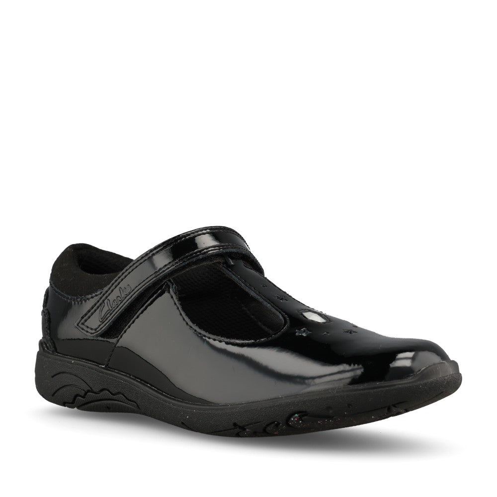 Girls Relda Gem Black Patent T-Bar Shoe In Kids E Fit