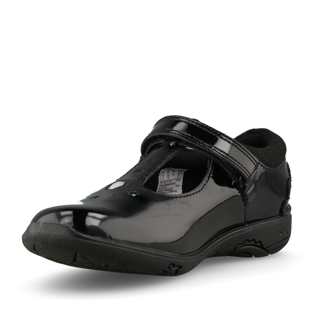 Girls Relda Gem Black Patent T-Bar Shoe In Kids E Fit